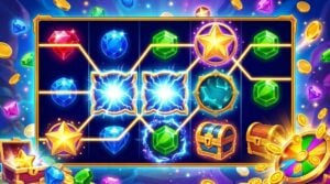 Interface de jeu de machine à sous en ligne sur le thème des gemmes, avec des bijoux lumineux, des lignes de paiement connectées, des pièces d'or et des coffres au trésor.