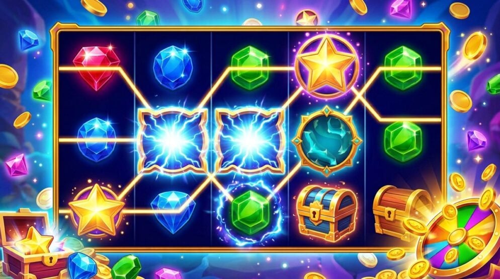 Interface de jeu de machine à sous en ligne sur le thème des gemmes, avec des bijoux lumineux, des lignes de paiement connectées, des pièces d'or et des coffres au trésor.