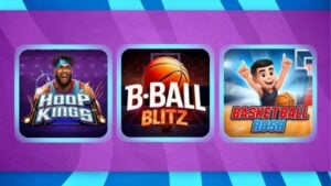 Trois icônes de jeux de basket-ball côte à côte sur un fond violet : Hoop Kings, B-Ball Blitz et Basketball Rush.